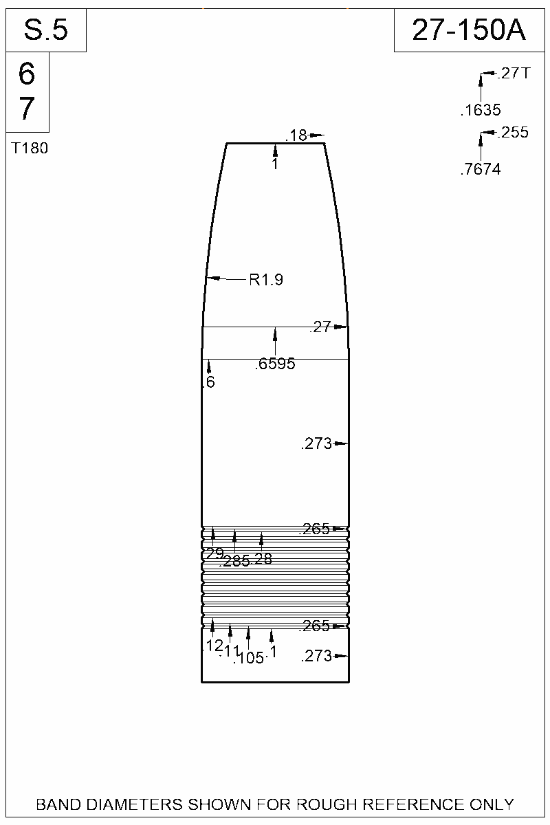 Dimensioned view of bullet 27-150A