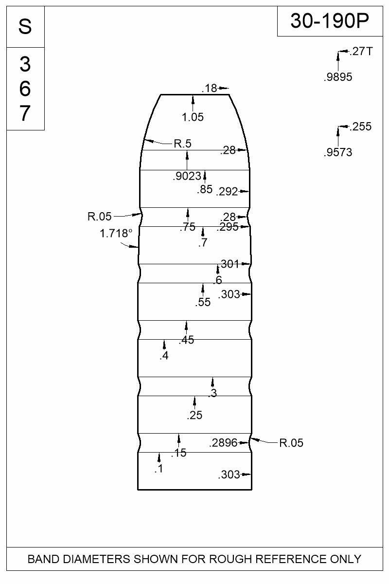 Dimensioned view of bullet 30-190P