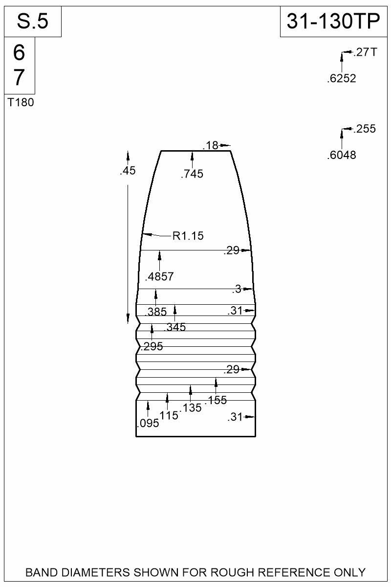 Dimensioned view of bullet 31-130TP