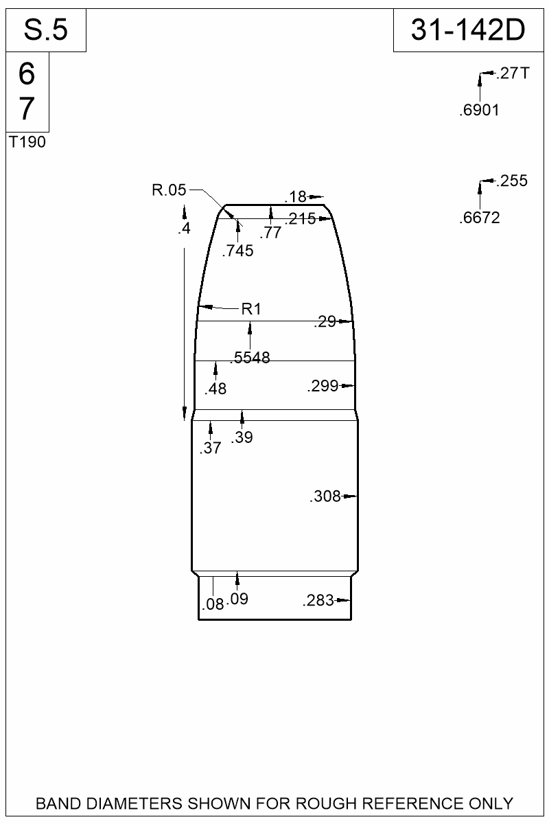 Dimensioned view of bullet 31-142D