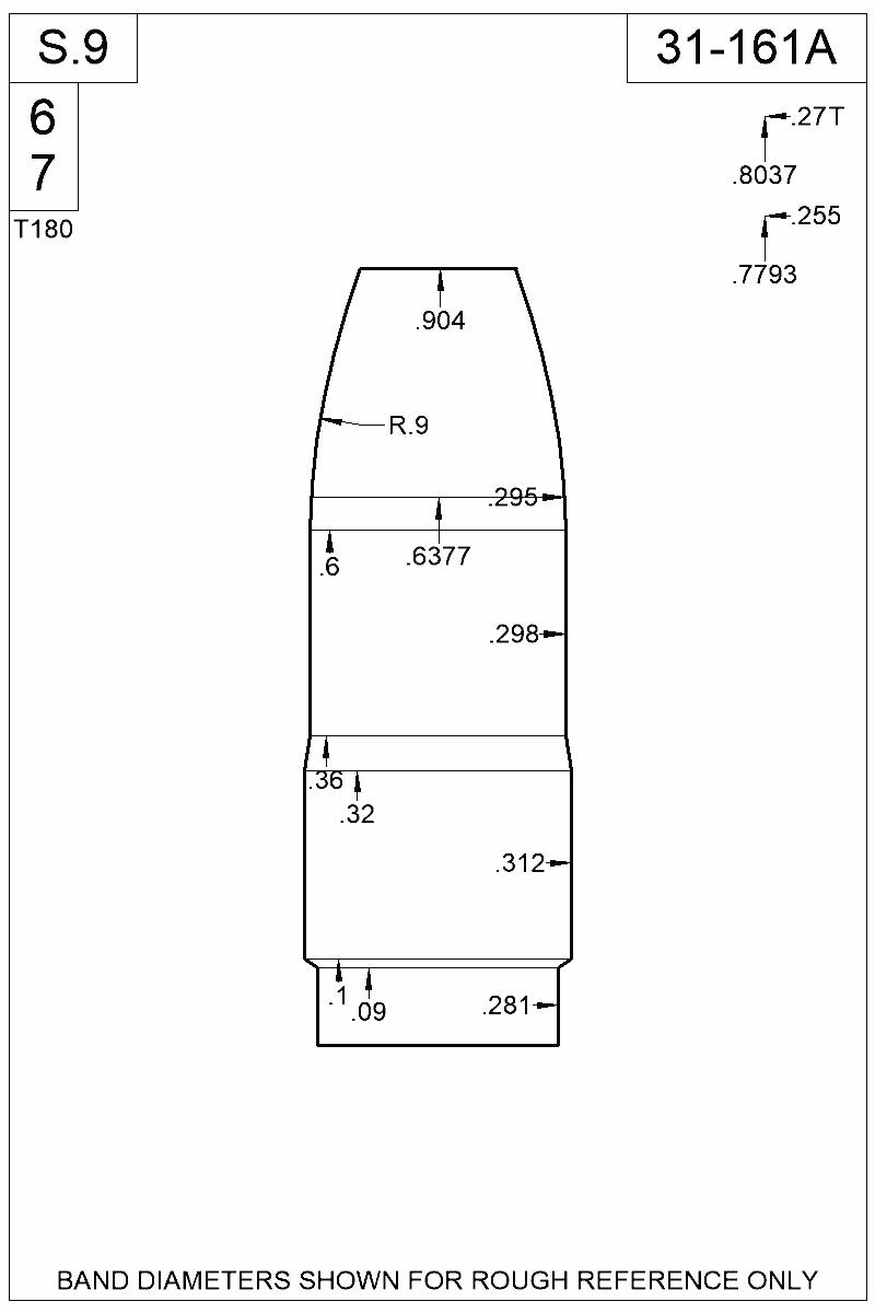 Accurate Molds catalog #31-161A Dimensioned view of bullet 31-161A