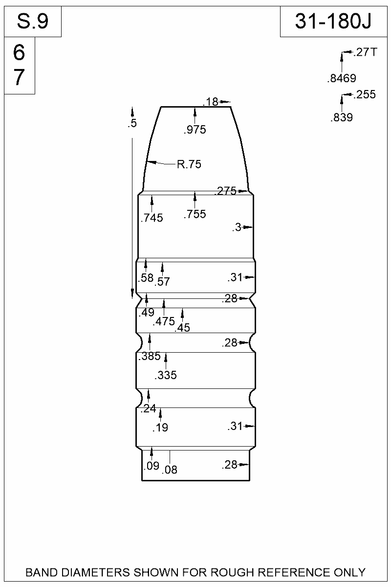 Accurate Molds catalog #31-180J Dimensioned view of bullet 31-180J
