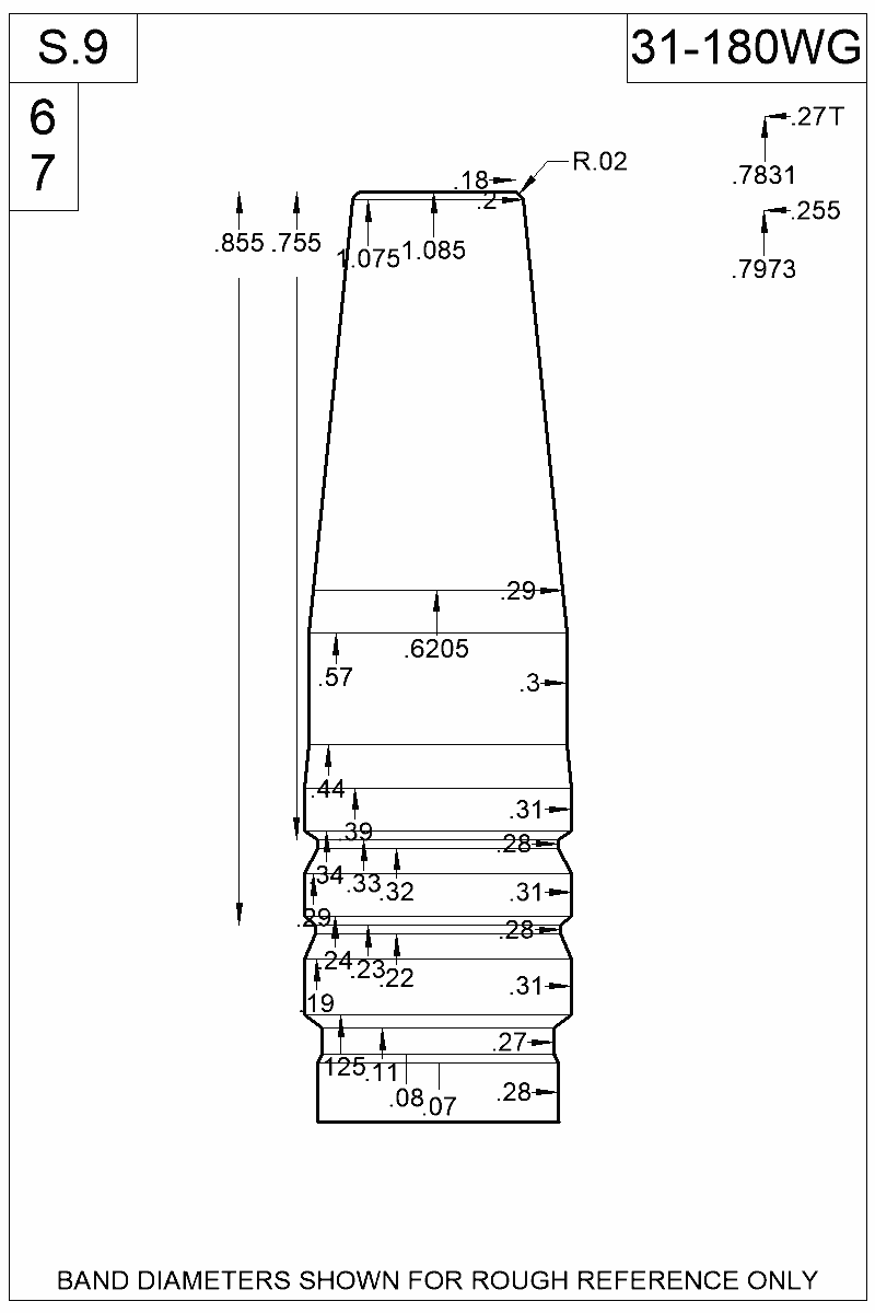 Dimensioned view of bullet 31-180WG