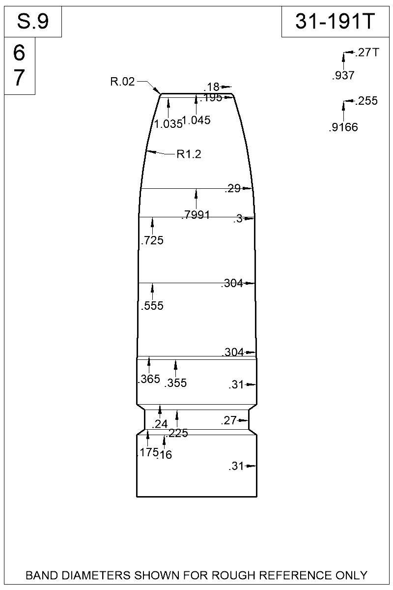 Dimensioned view of bullet 31-191T