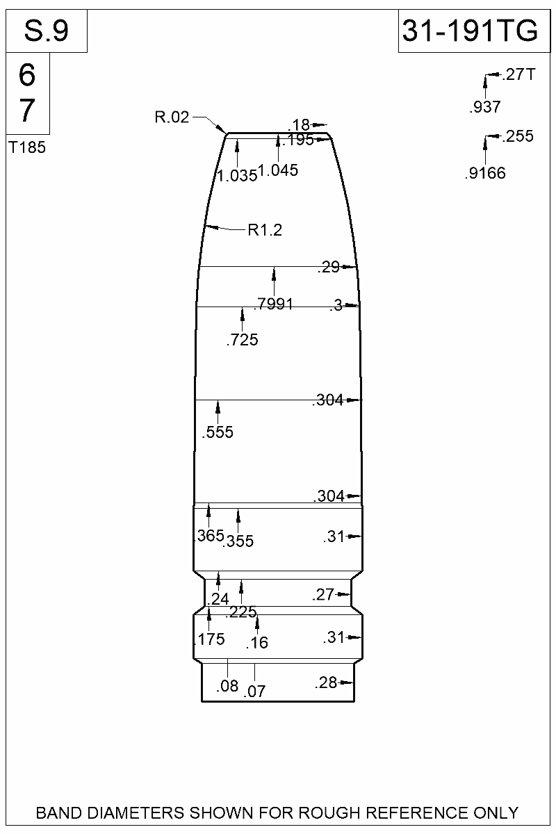 Dimensioned view of bullet 31-191TG