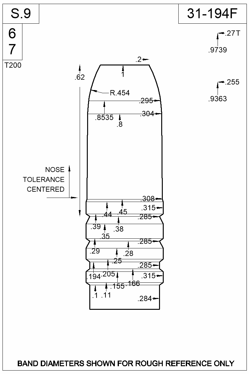 Dimensioned view of bullet 31-194F