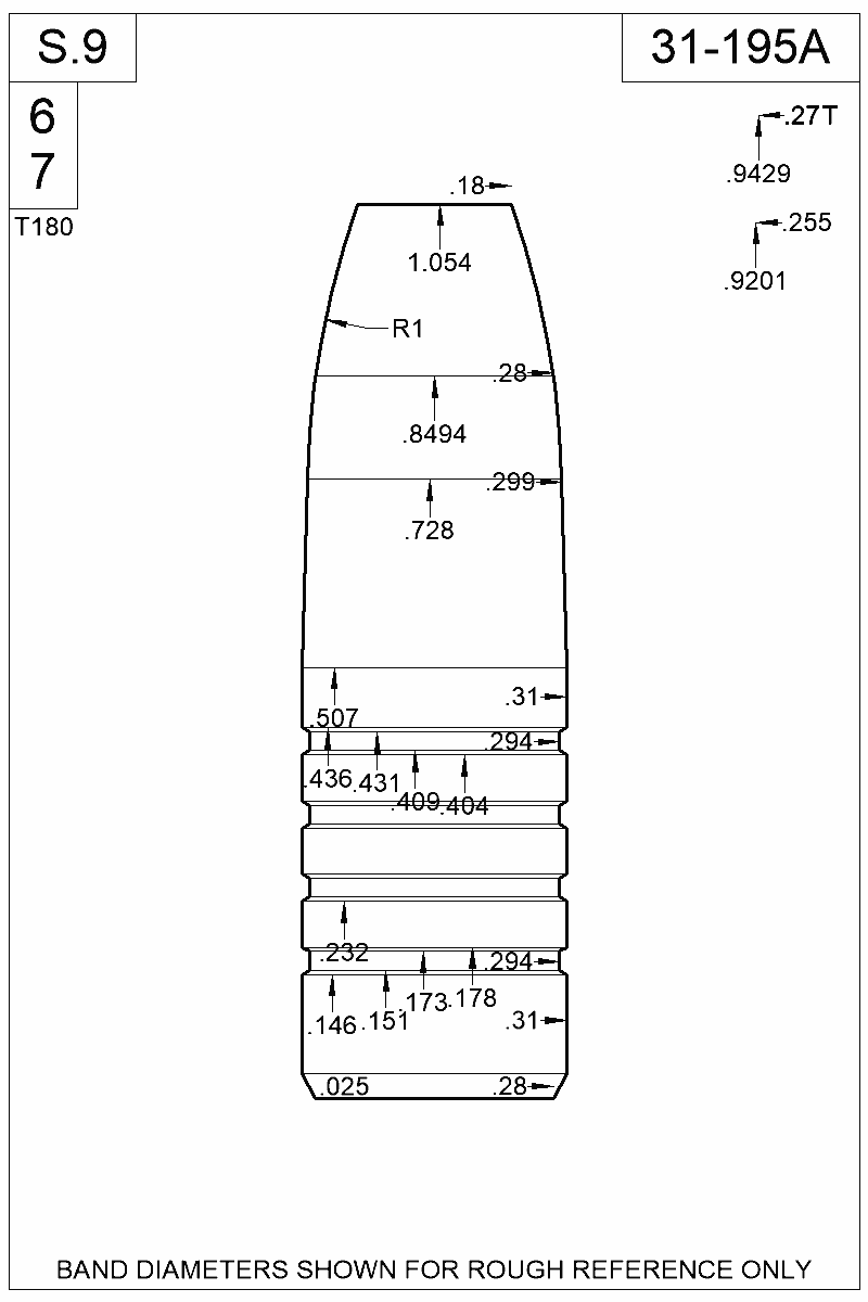 Dimensioned view of bullet 31-195A