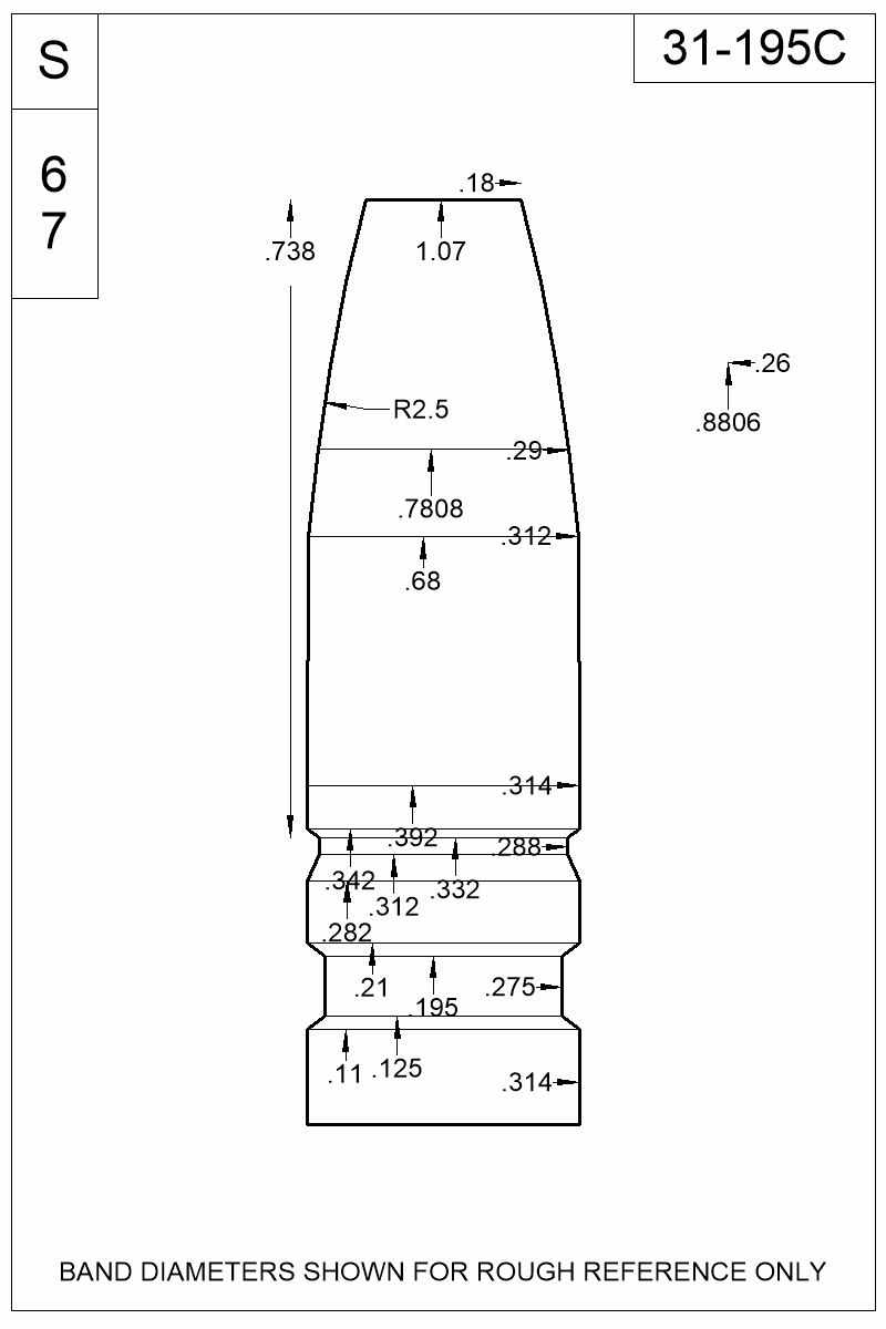 Dimensioned view of bullet 31-195C
