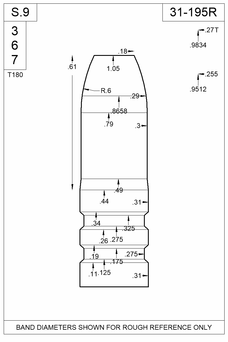Dimensioned view of bullet 31-195R