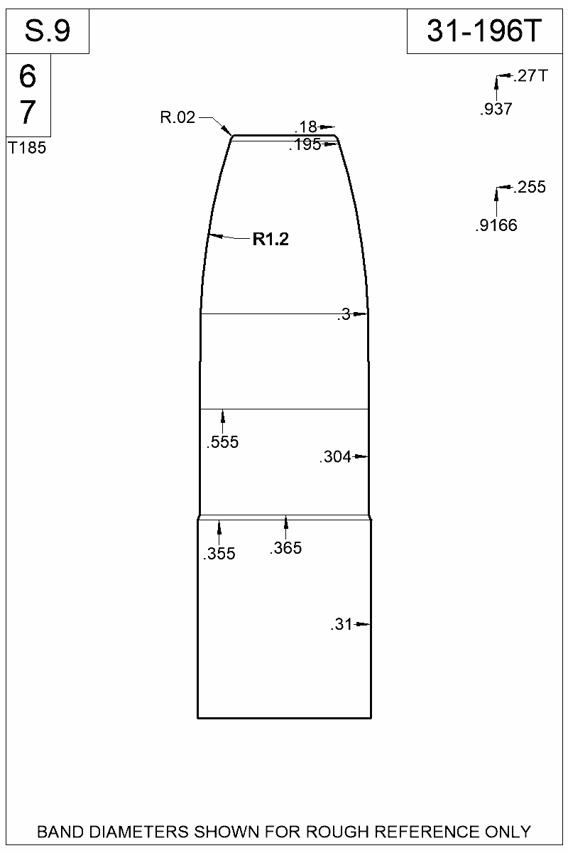 Dimensioned view of bullet 31-196T