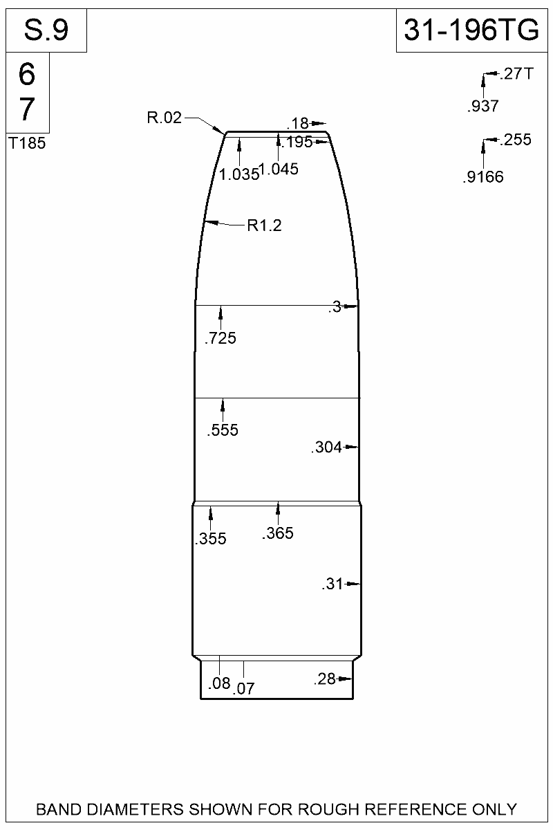 Dimensioned view of bullet 31-196TG