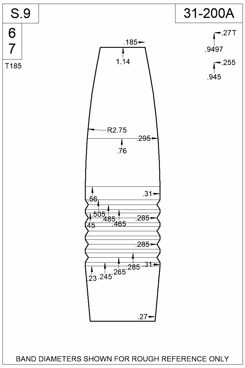 Dimensioned view of bullet 31-200A