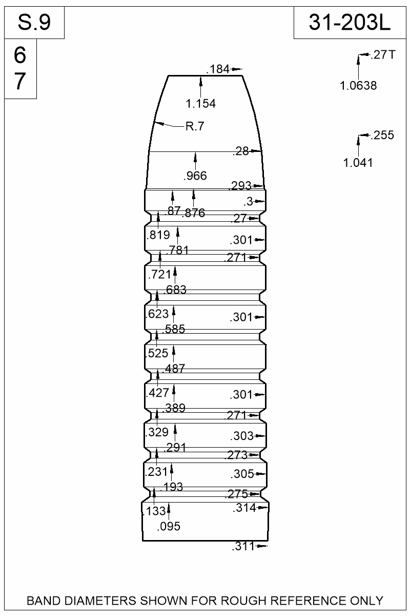 Dimensioned view of bullet 31-203L