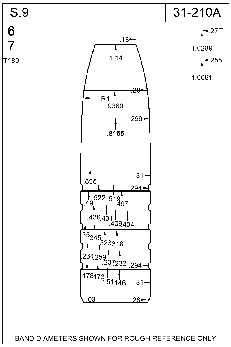 Dimensioned view of bullet 31-210A
