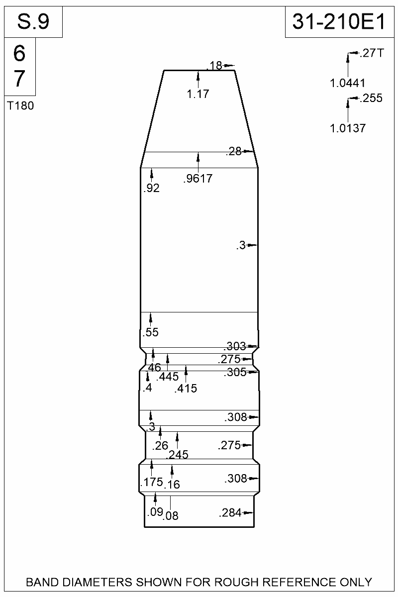 Dimensioned view of bullet 31-210E1