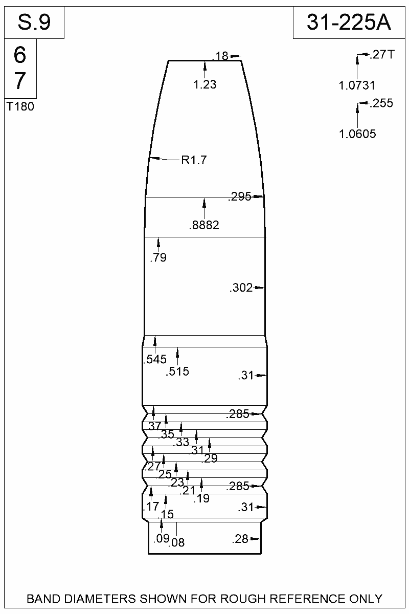 Dimensioned view of bullet 31-225A