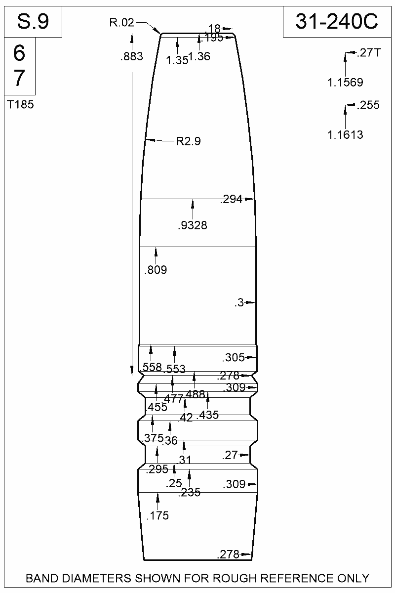 Dimensioned view of bullet 31-240C