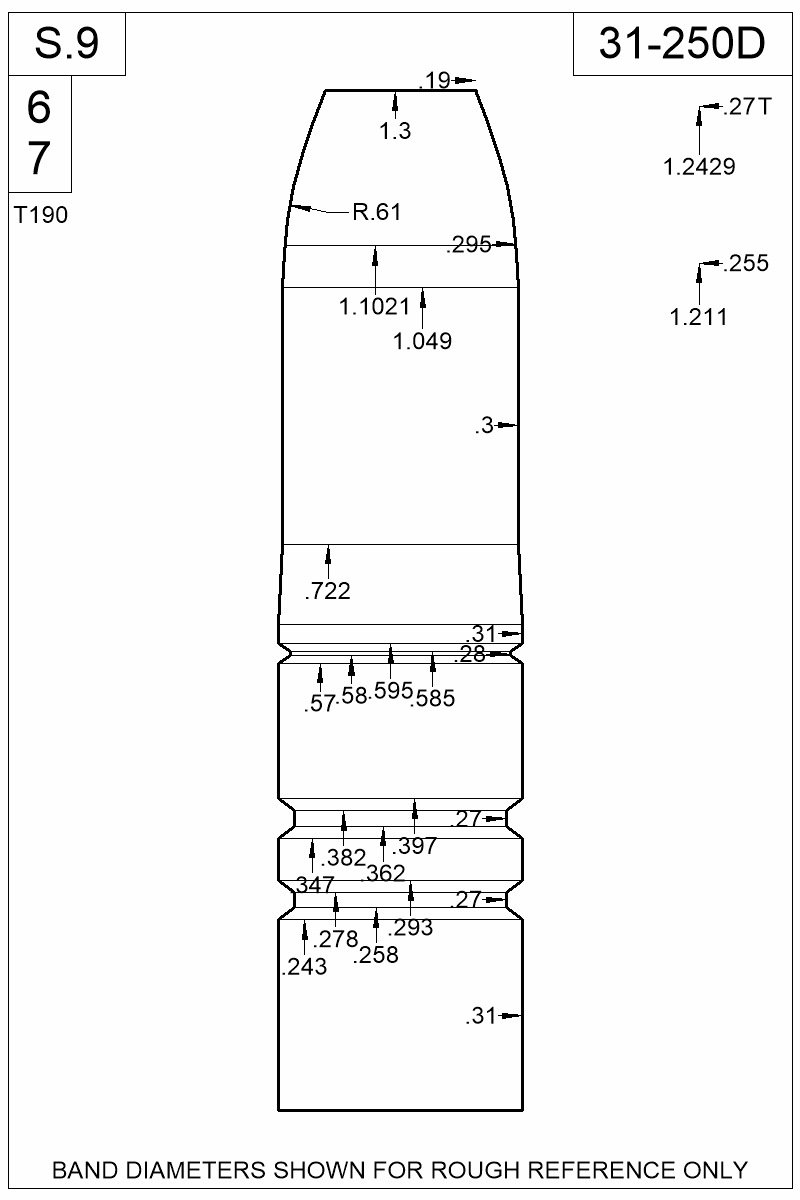 Dimensioned view of bullet 31-250D