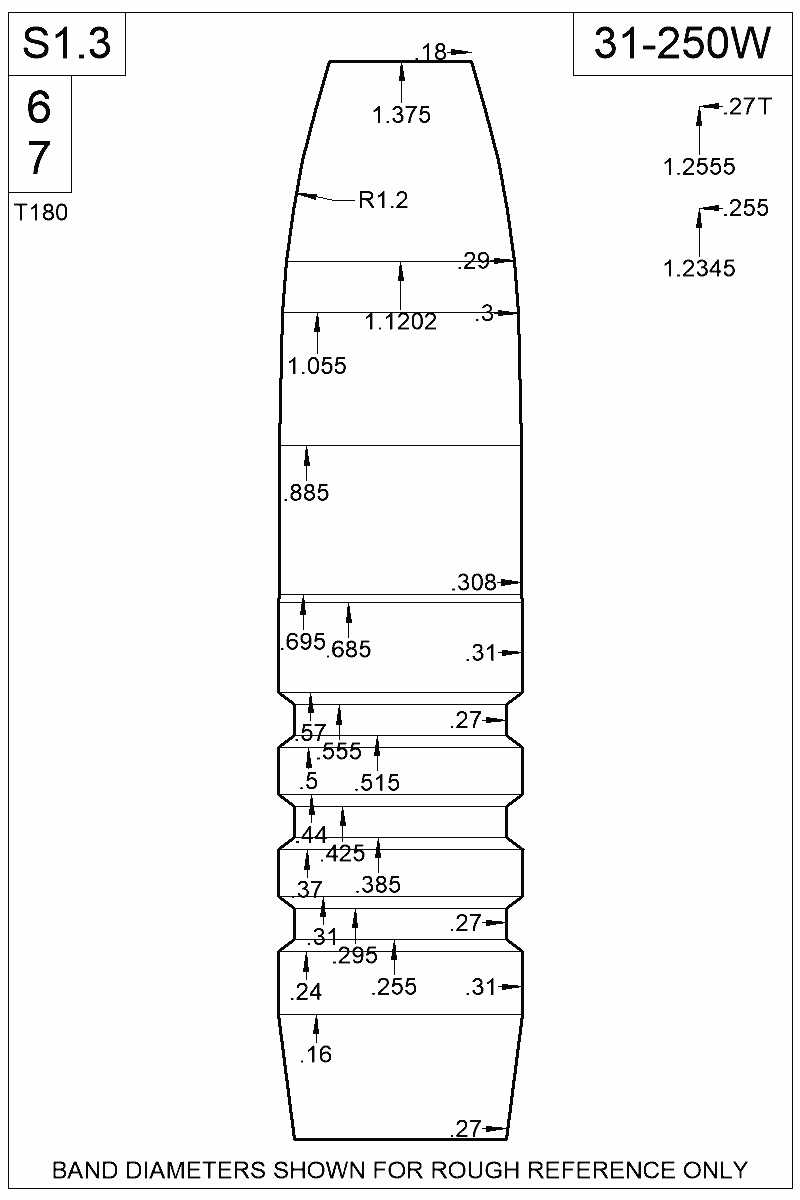 Dimensioned view of bullet 31-250W