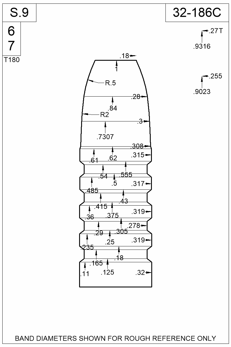 Dimensioned view of bullet 32-186C
