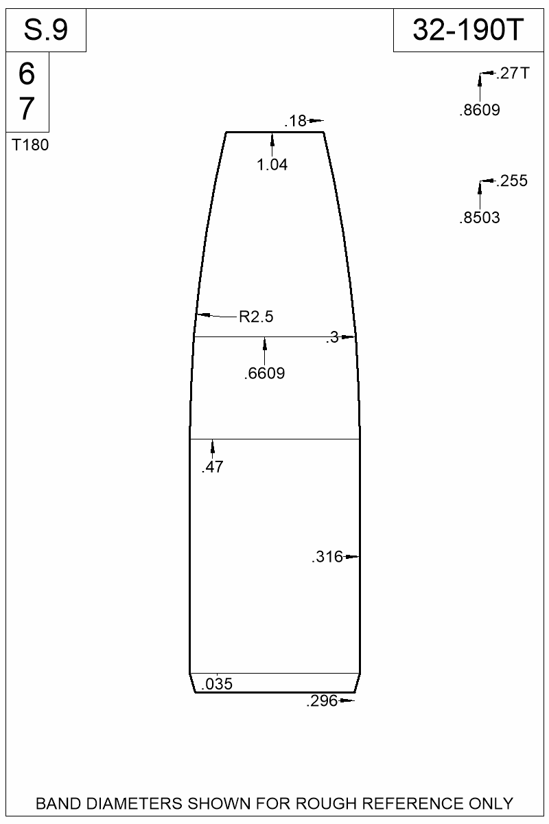 Dimensioned view of bullet 32-190T