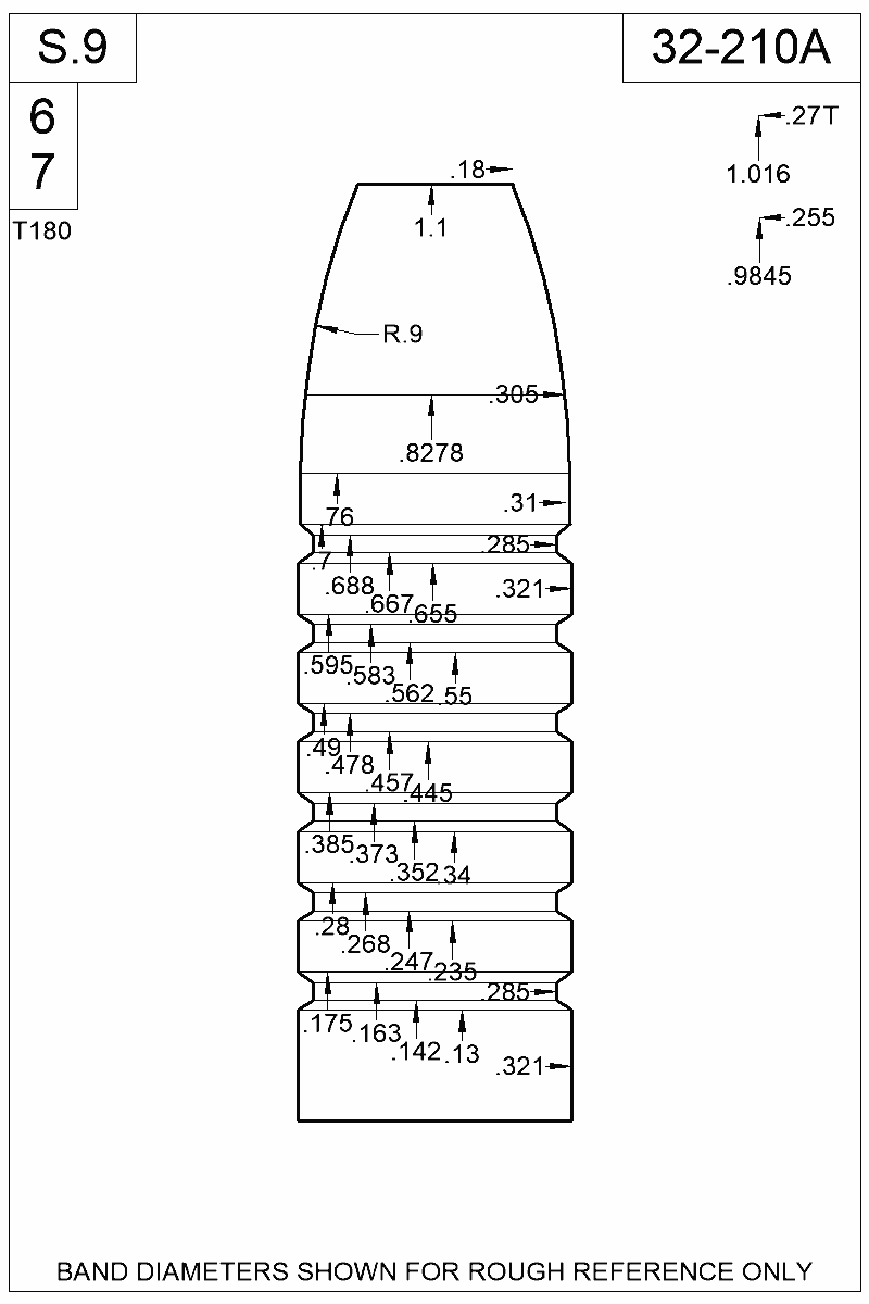 Dimensioned view of bullet 32-210A