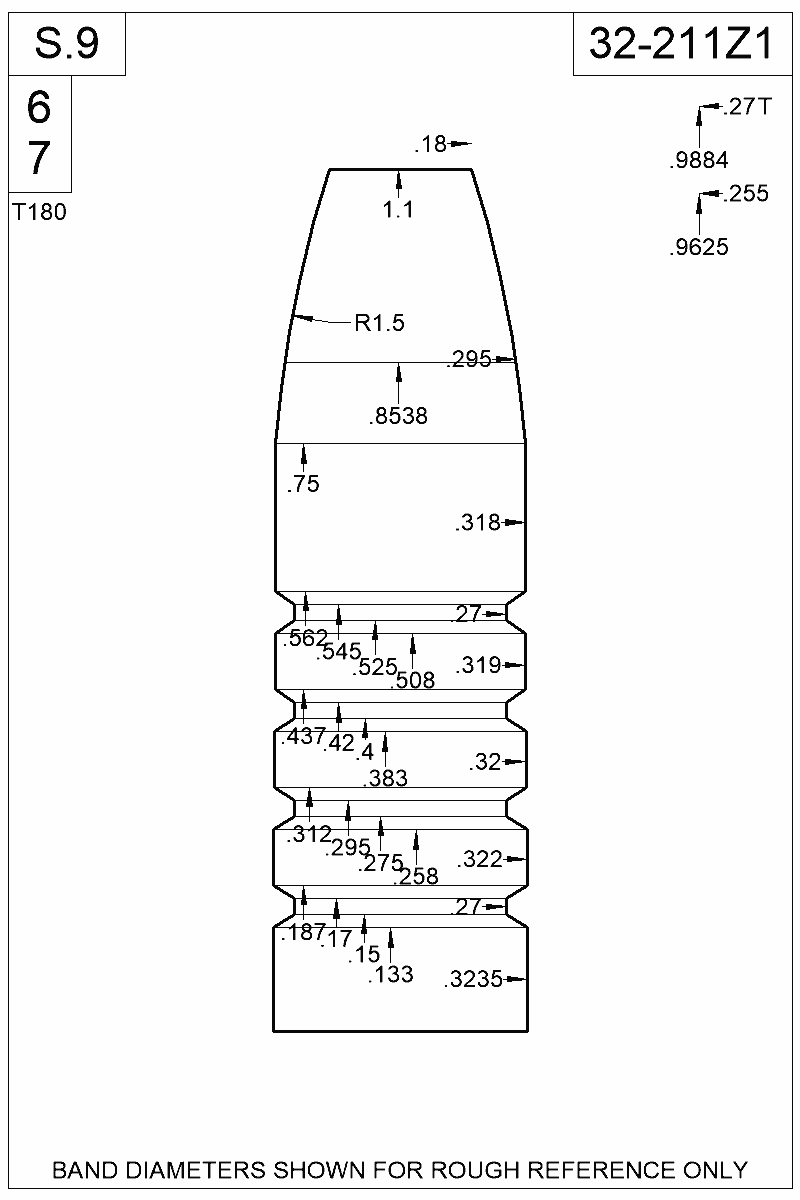 Accurate Molds catalog #32-211Z1 Dimensioned view of bullet 32-211Z1
