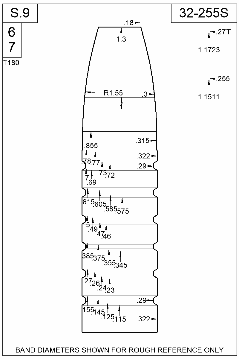 Dimensioned view of bullet 32-255S