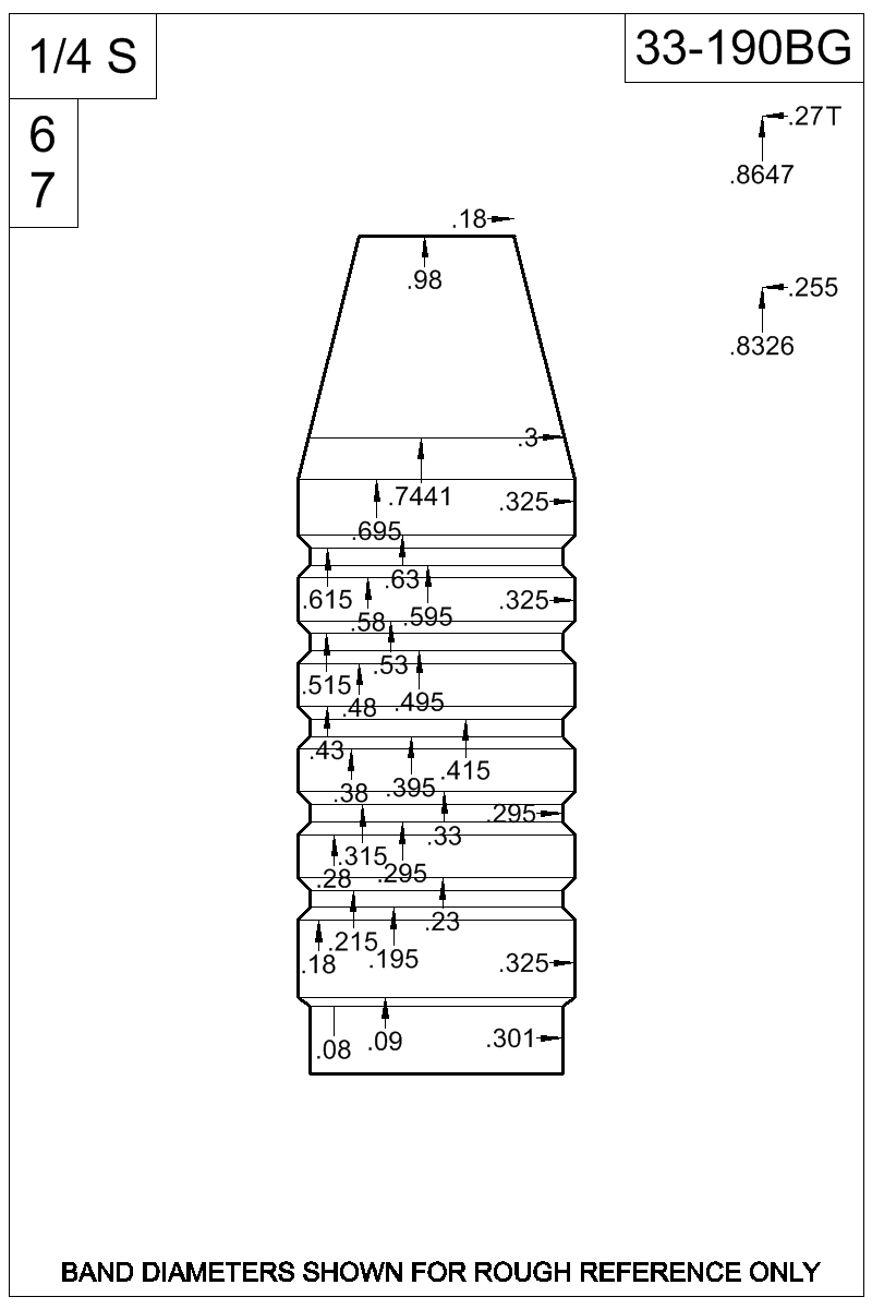 Dimensioned view of bullet 33-190BG