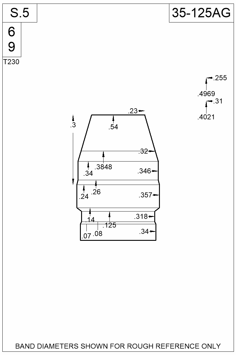 Dimensioned view of bullet 35-125AG