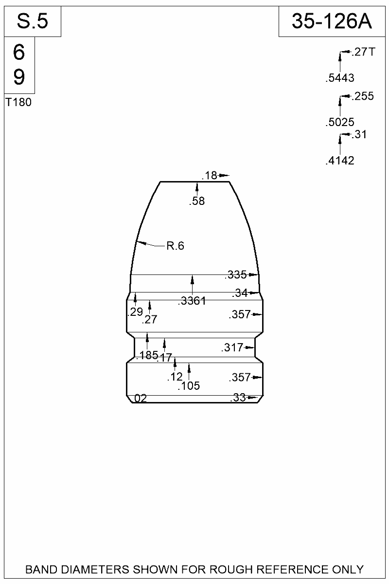 Dimensioned view of bullet 35-126A