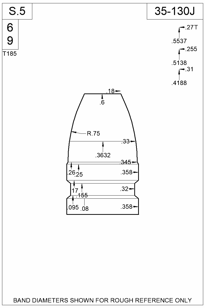 Dimensioned view of bullet 35-130J