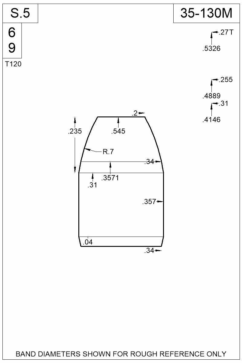 Dimensioned view of bullet 35-130M