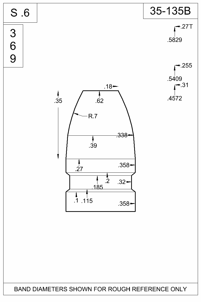 Dimensioned view of bullet 35-135B