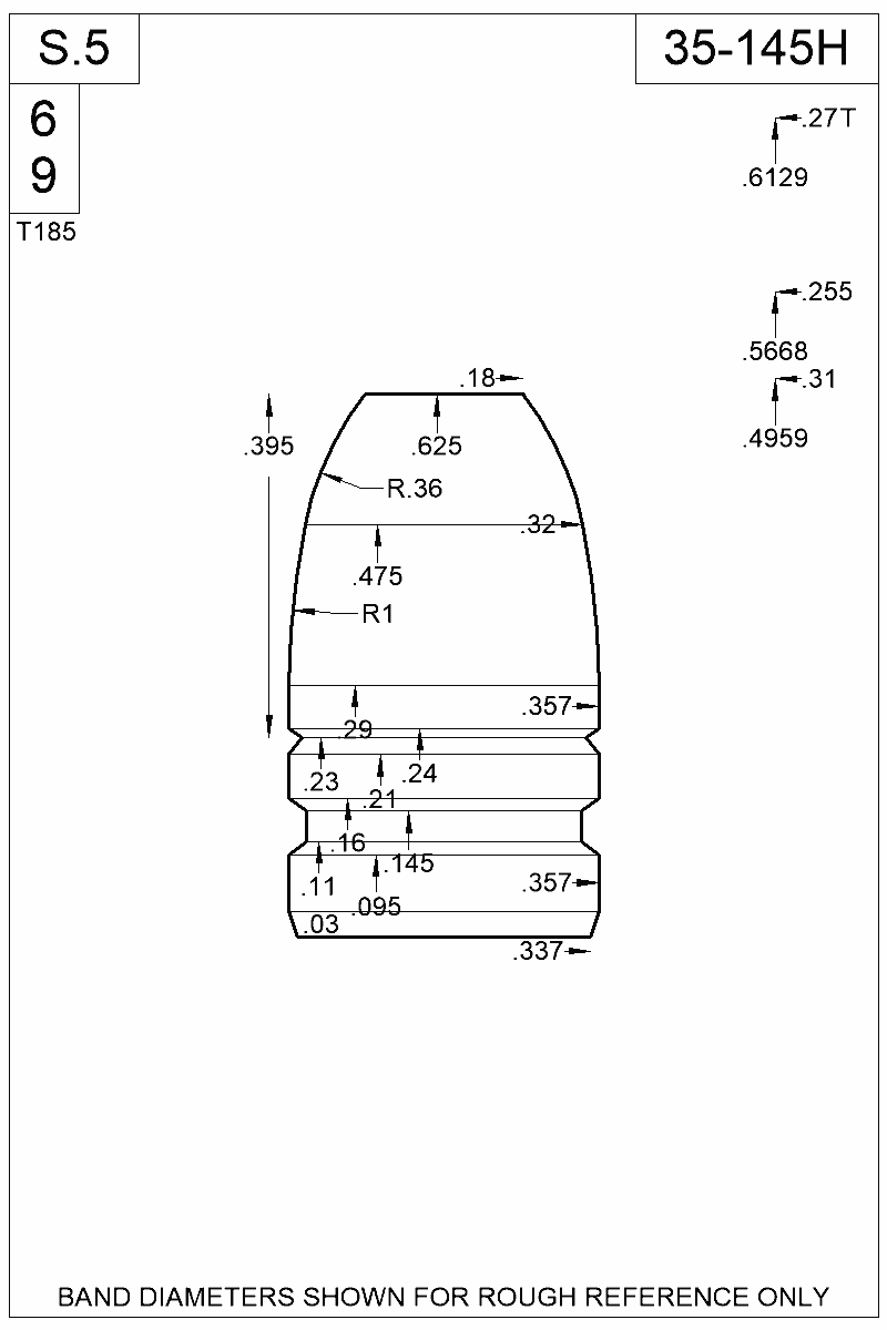 Dimensioned view of bullet 35-145H