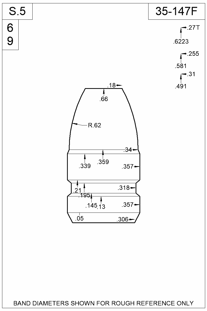 Dimensioned view of bullet 35-147F