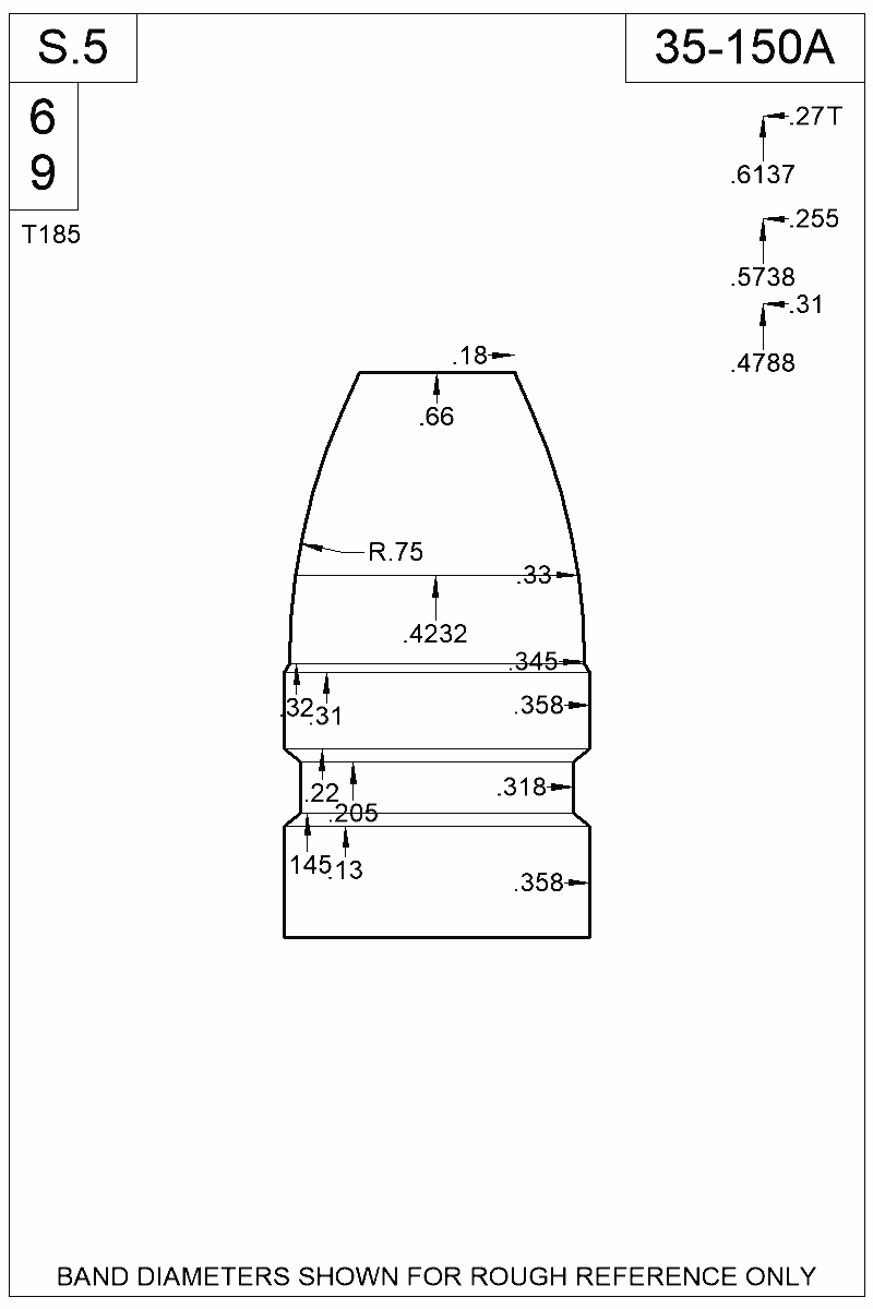 Dimensioned view of bullet 35-150A