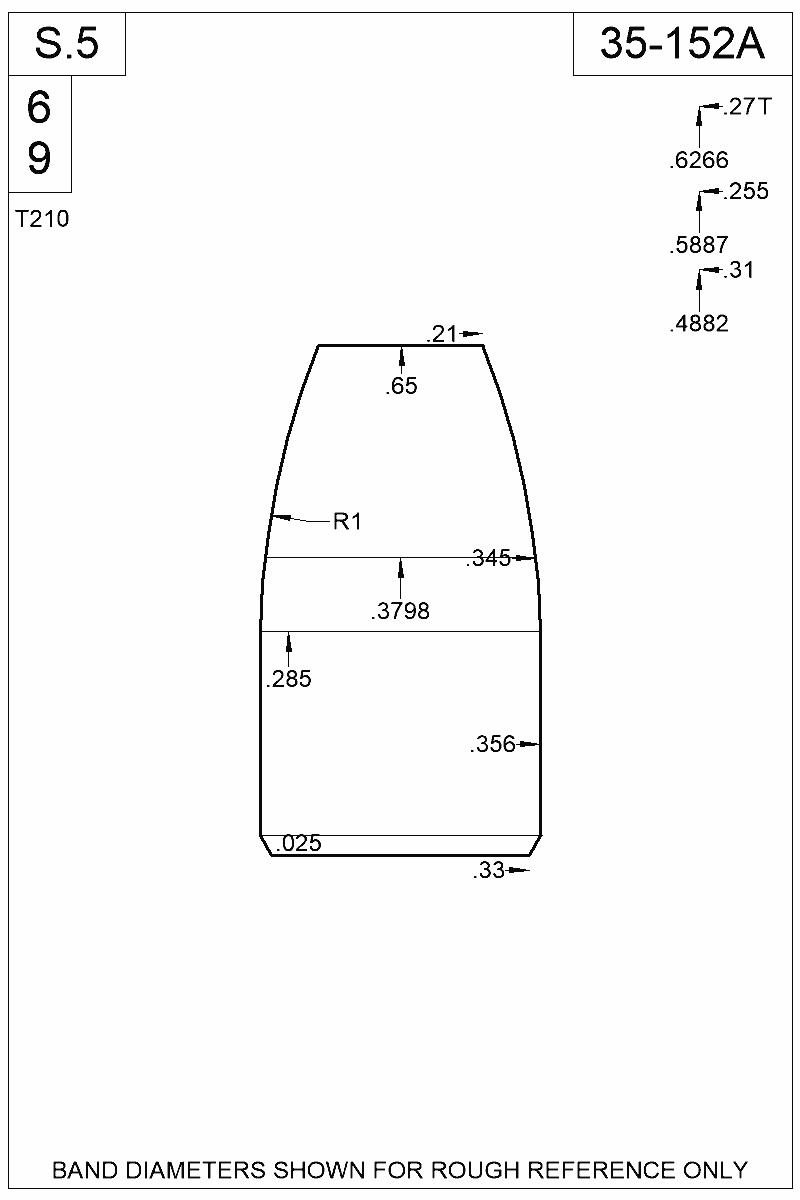 Accurate Molds catalog #35-152A Dimensioned view of bullet 35-152A