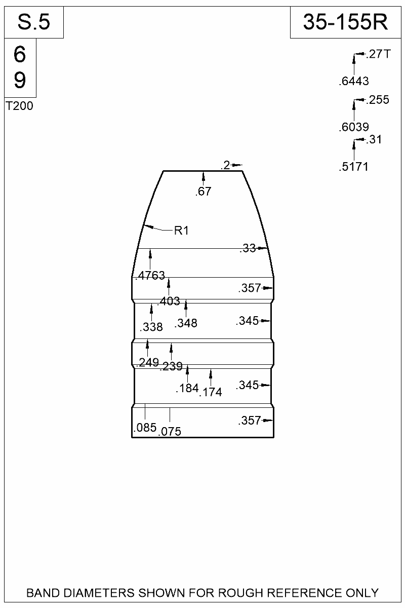 Dimensioned view of bullet 35-155R