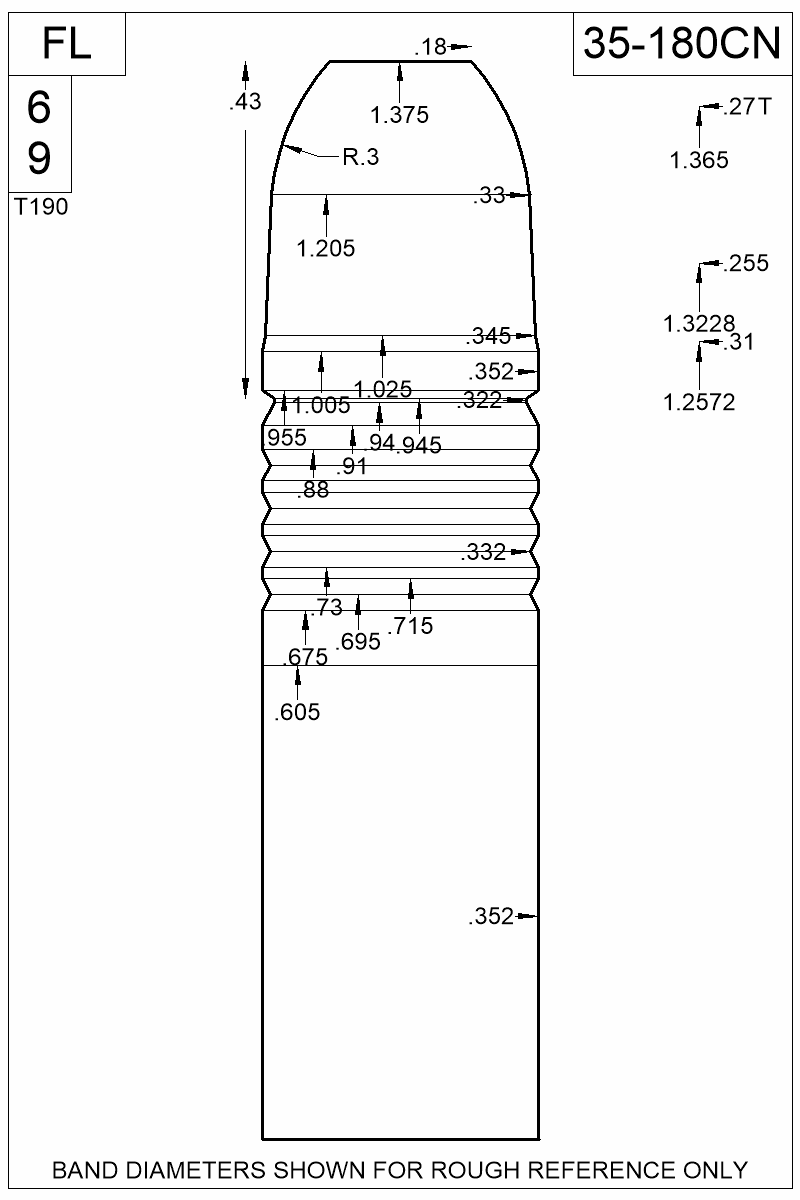 Dimensioned view of bullet 35-180CN