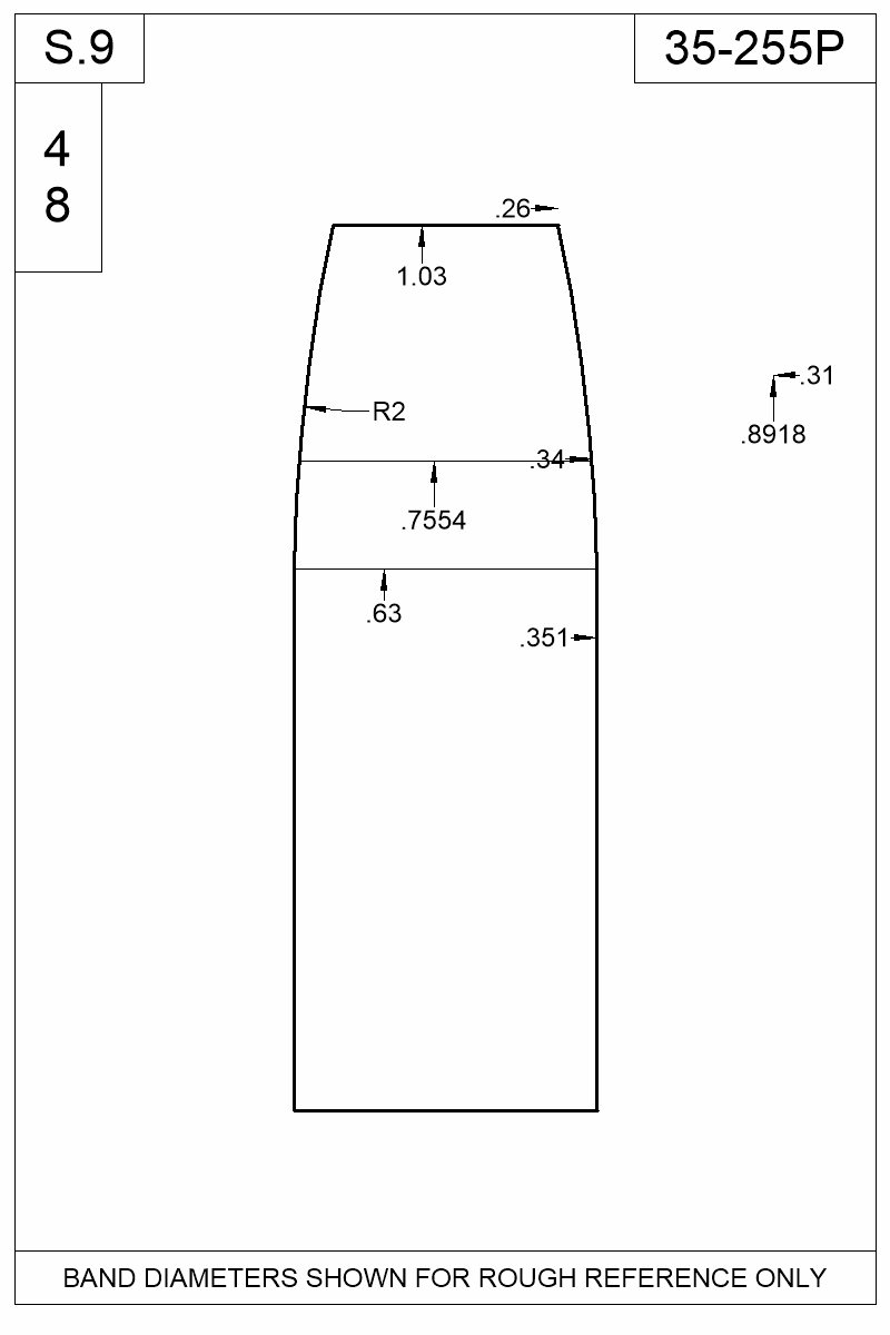 Dimensioned view of bullet 35-255P