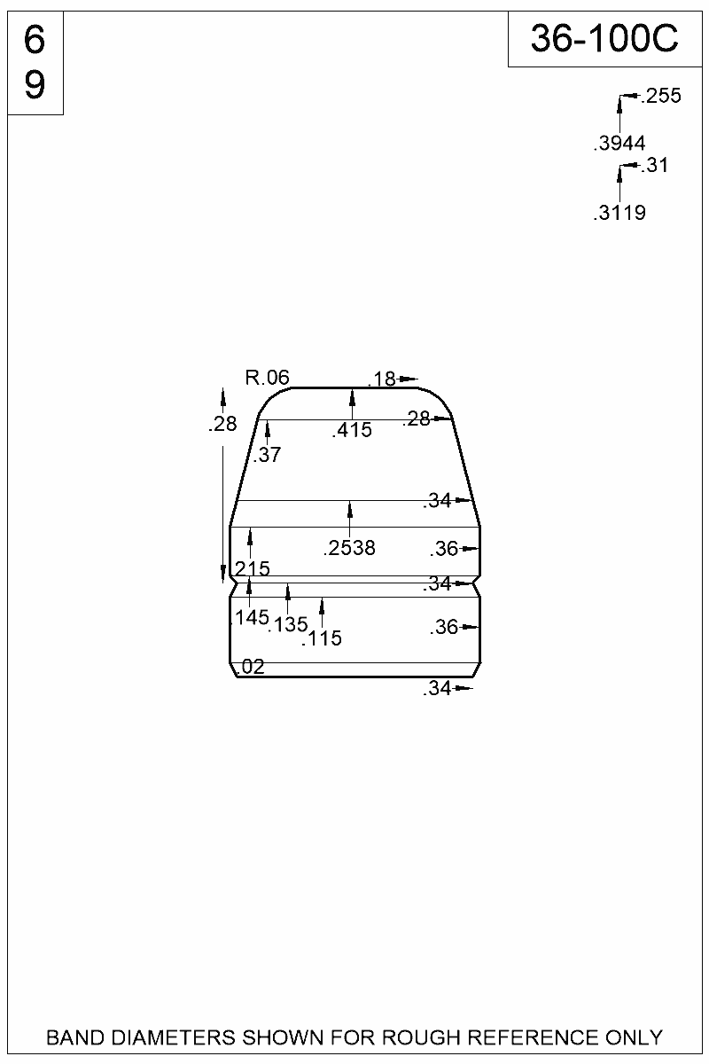 Dimensioned view of bullet 36-100C
