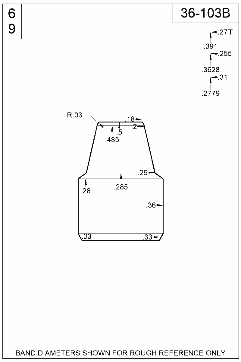 Dimensioned view of bullet 36-103B