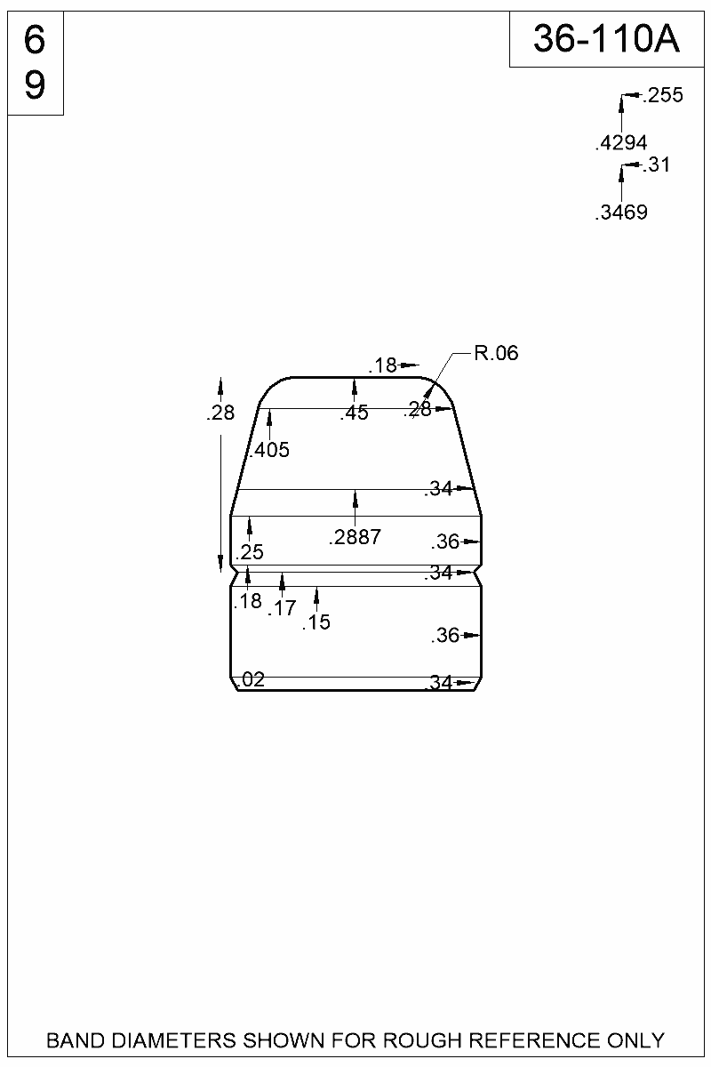 Dimensioned view of bullet 36-110A