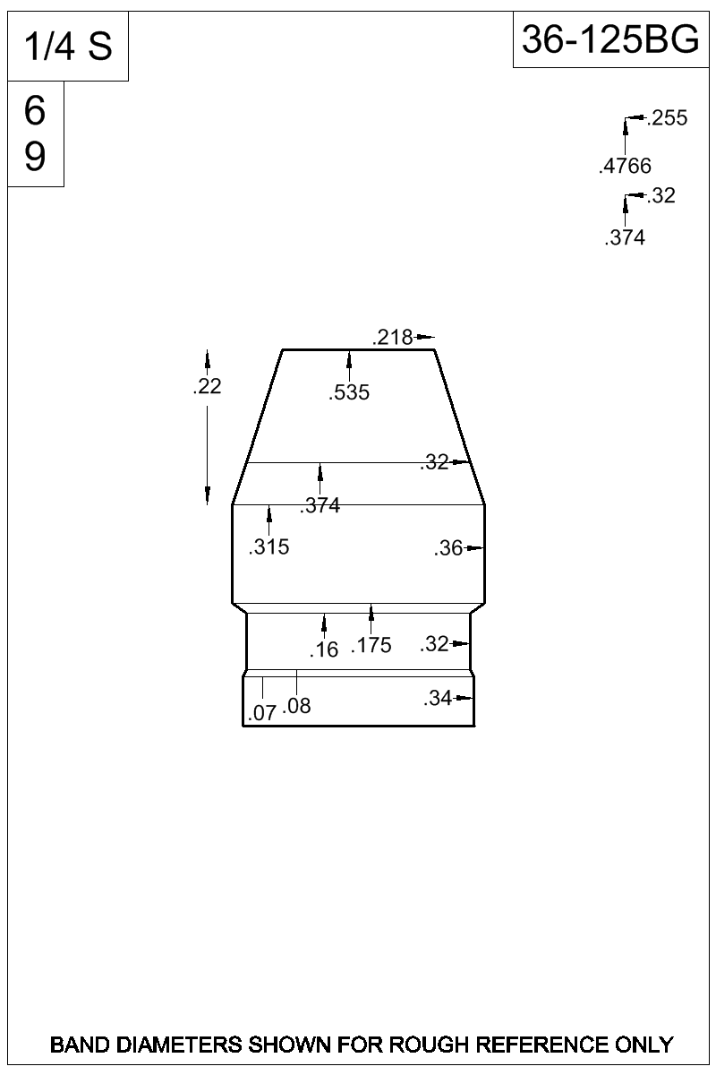 Dimensioned view of bullet 36-125BG