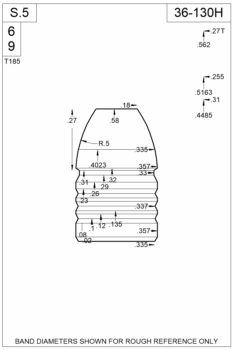 Dimensioned view of bullet 36-130H