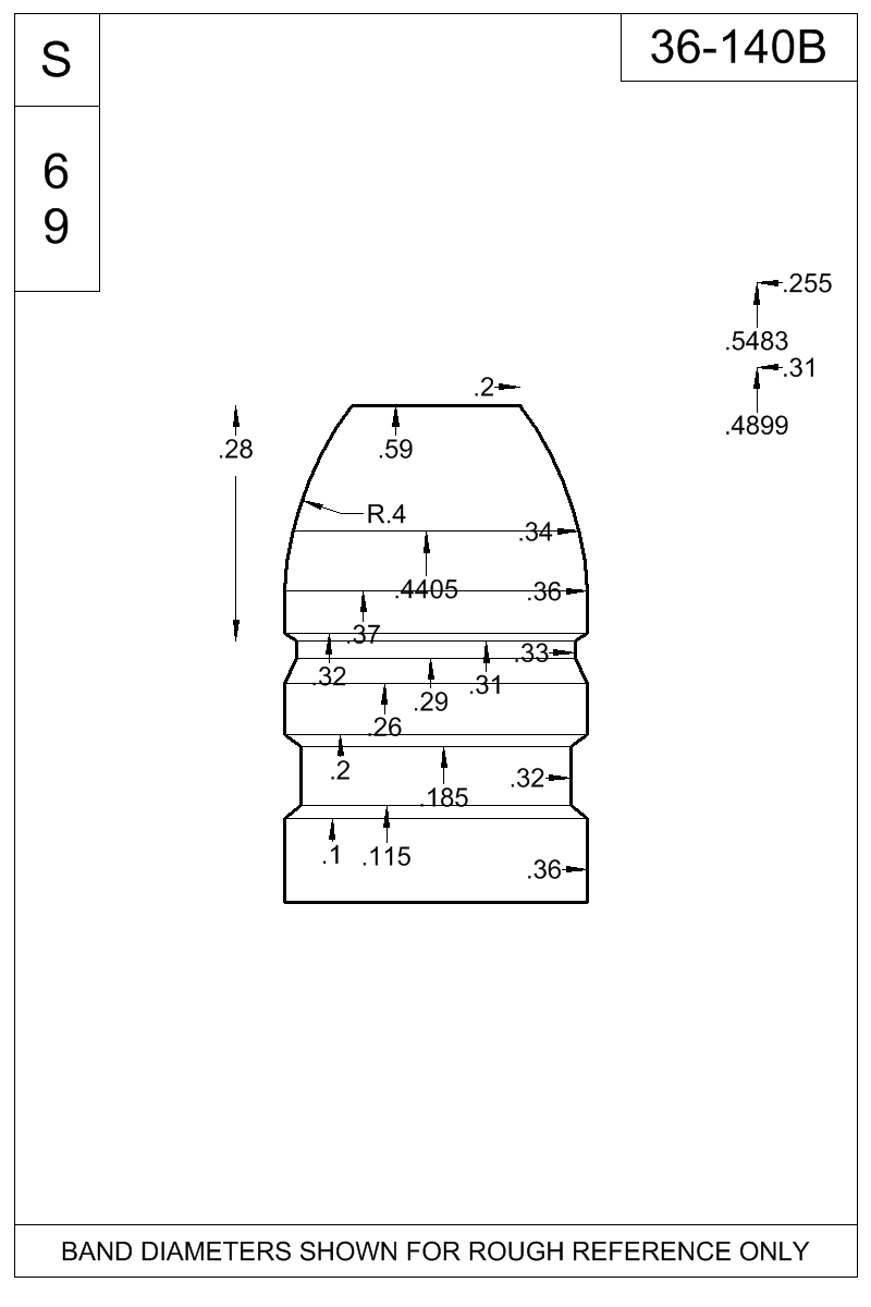Dimensioned view of bullet 36-140B