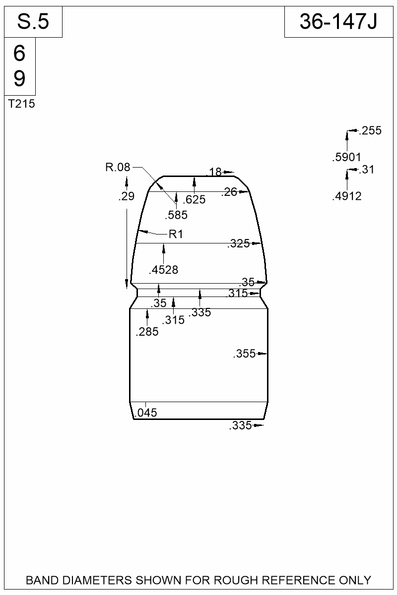 Dimensioned view of bullet 36-147J
