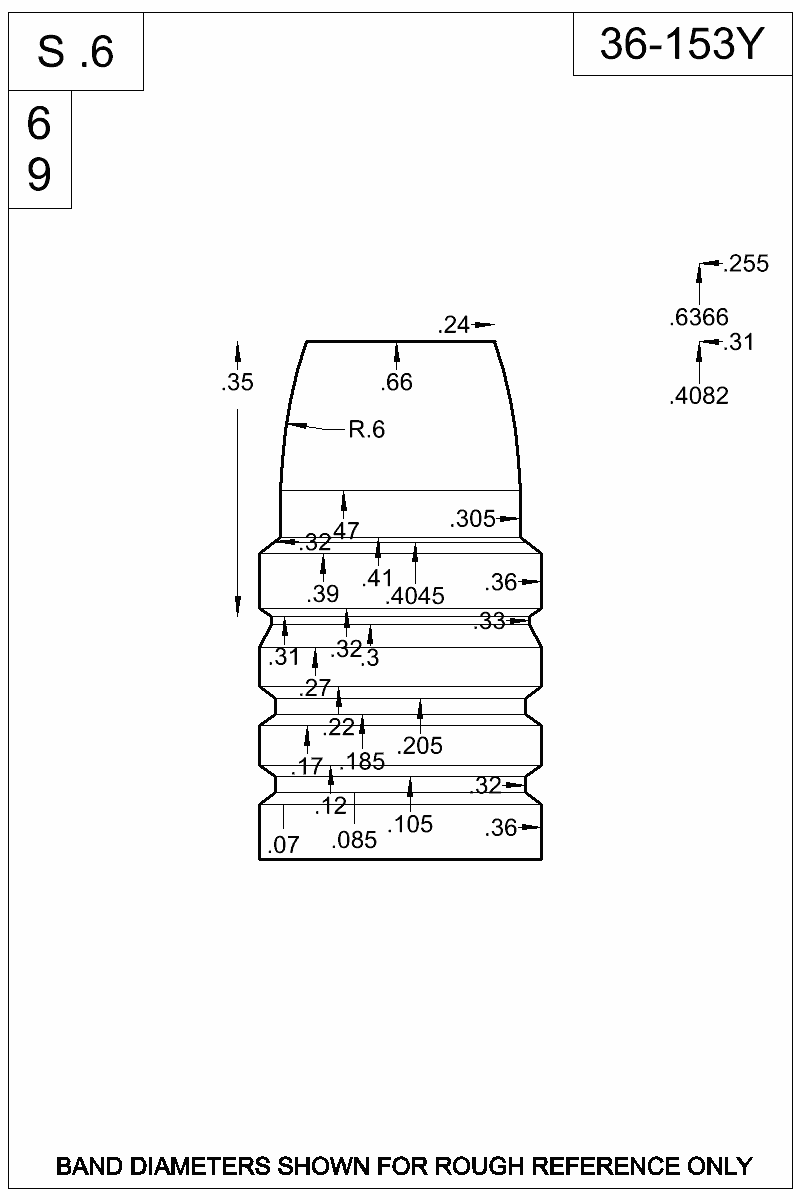 Dimensioned view of bullet 36-153Y