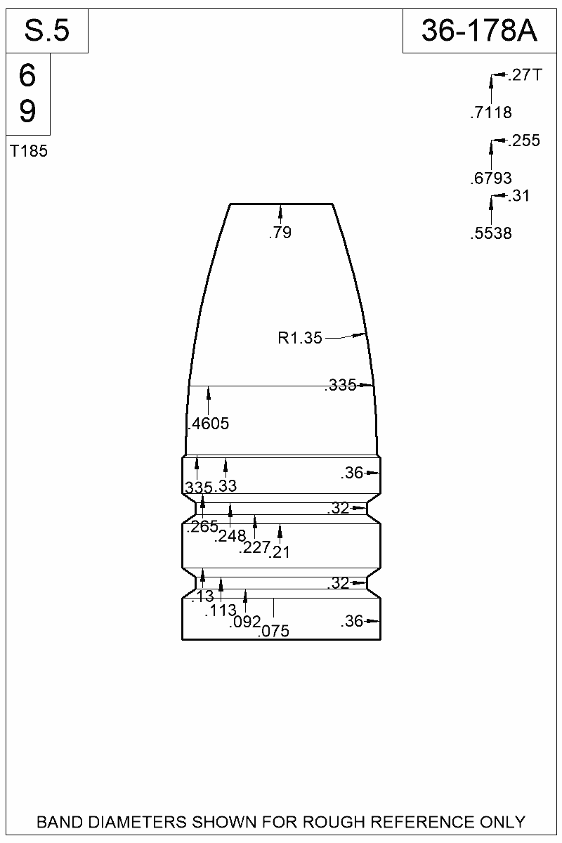 Dimensioned view of bullet 36-178A